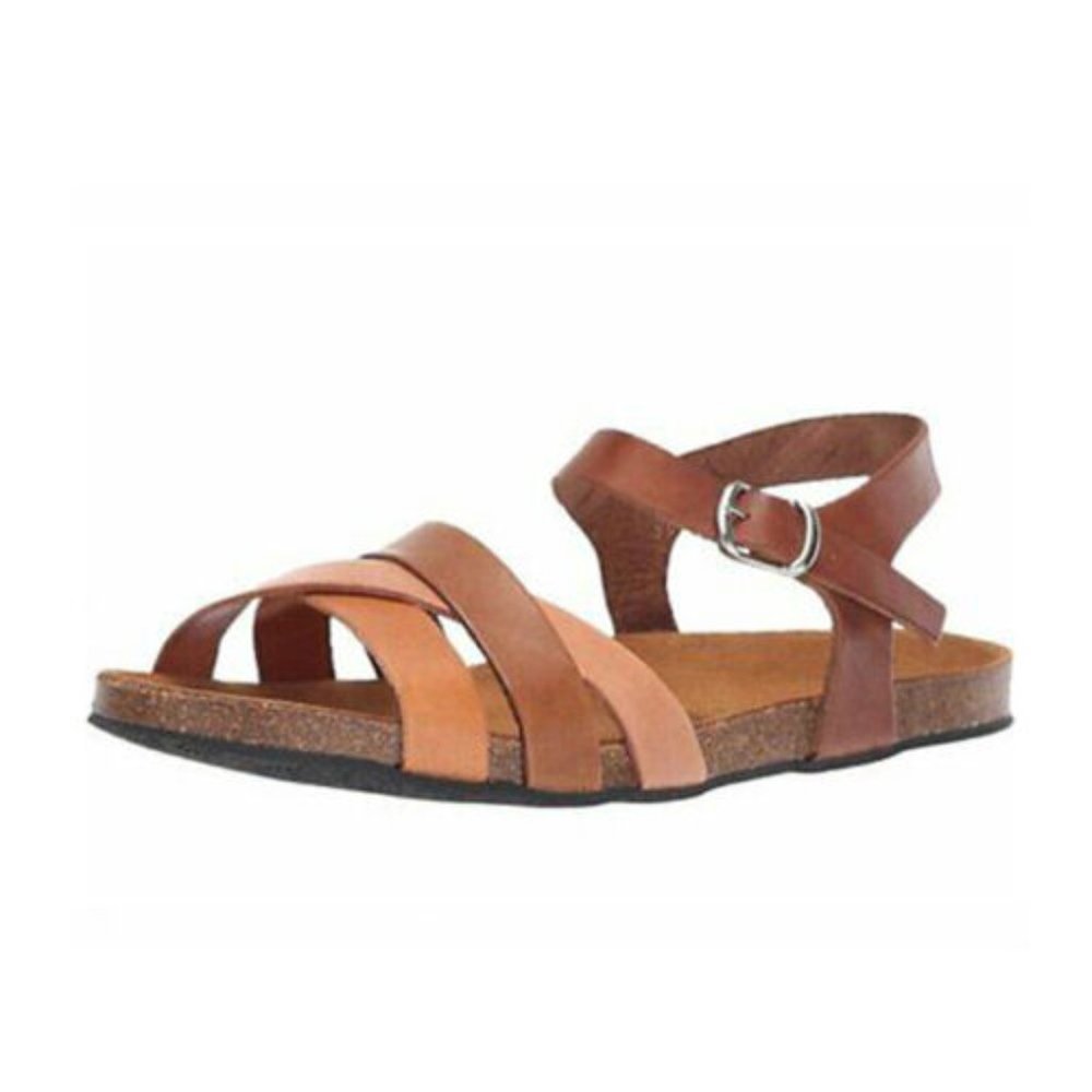 NEW Eric Michael Women Erin Tan Combo Crisscross Sandal Cork Buckle Ankle Strap - Picture 2 of 7